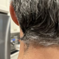 Sportsman's Haircut - Back hairline was crooked, long and left with a 2 in long "beak" on one side.