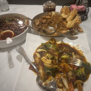Asian Wok - Crappy non spicy schezhuan beef, mealy fried rice and boring extra spicy shrimp with garlic sauce (zero spice) - Chinese Near Me - Houston, Texas