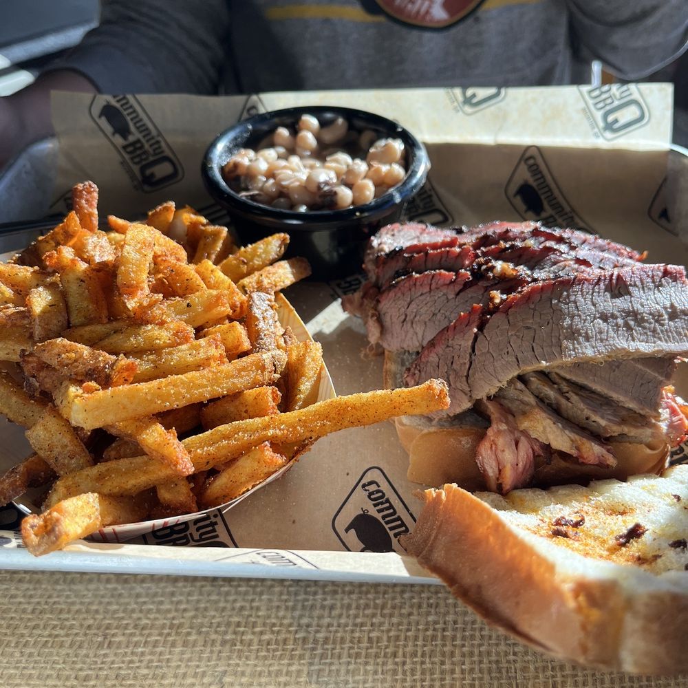 Community Q BBQ - Sliced Beef Brisket Sandwich, Fries, & Black Eyed Peas with Rosemary and Bacon. - Barbeque Near Me - Decatur, Georgia