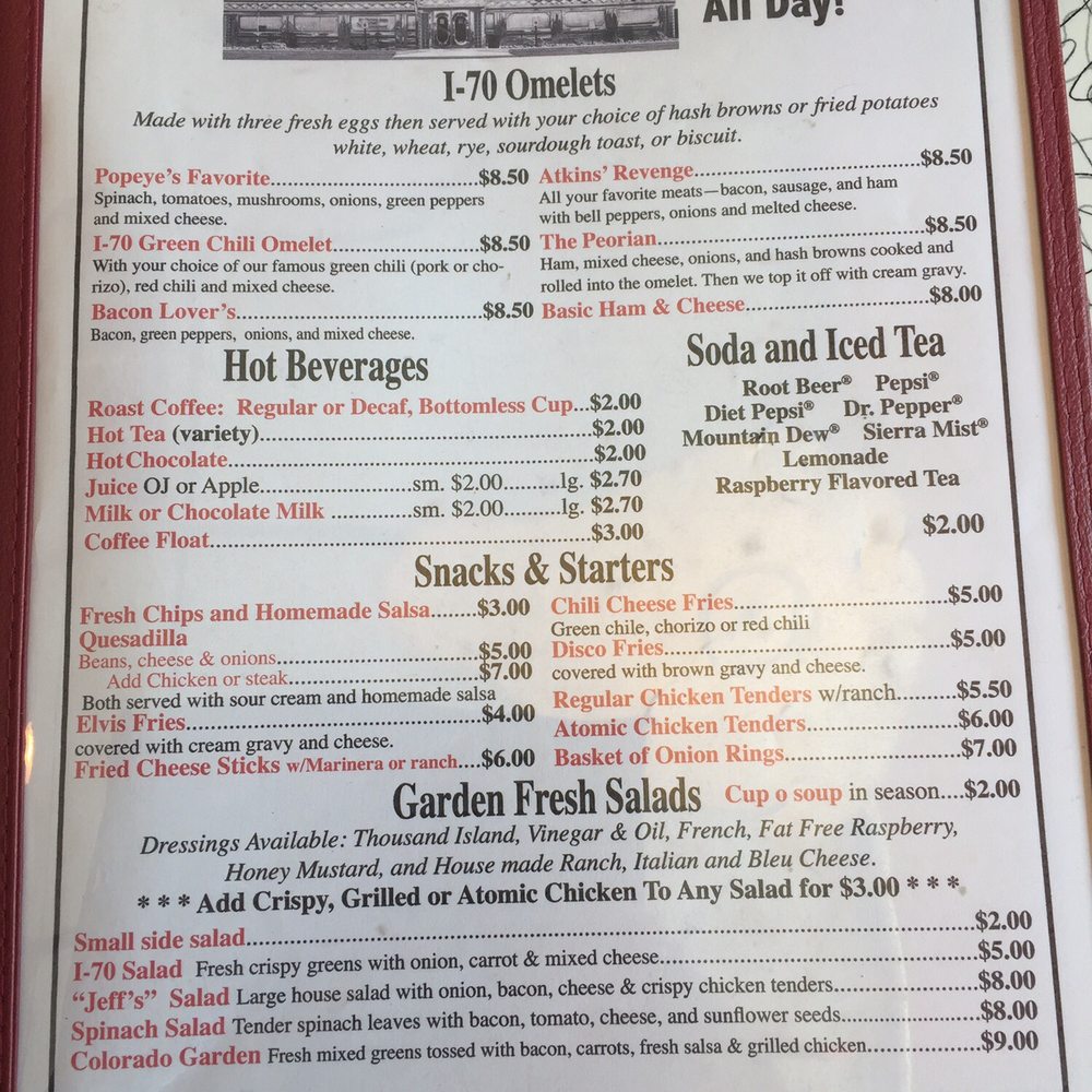 I-70 Diner - Menu as of August 2017. - Diners Near Me - Flagler, Colorado