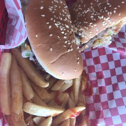 Twisted Burger - Bacon Cheeseburger with grilled onions cut in half. Hot and fresh! Made to order.