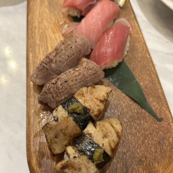 Blue Coast - Akami, chu toro, otoro, A5 Wagyu, foie gras nigiris. (caramelized outside more with a juicy middle for wagyu & foie gras) - Japanese Near Me - Vancouver, British Columbia Blue Coast - Akami, chu toro, otoro, A5 Wagyu, foie gras nigiris. (caramelized outside more with a juicy middle for wagyu & foie gras) - Japanese Near Me - Vancouver, British Columbia