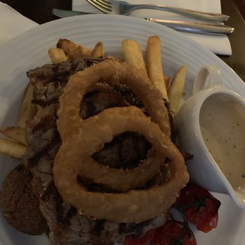 Fiddlers - Ribeye with chips, rings, roasted tomatoes and green peppercorn sauce - British Near Me - Inverness, HLD Fiddlers - Ribeye with chips, rings, roasted tomatoes and green peppercorn sauce - British Near Me - Inverness, HLD