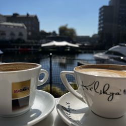 Kilikya's - 2 coffees with the marina in the background.