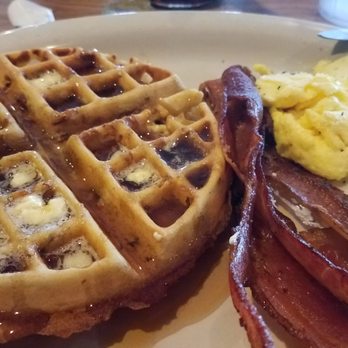 Poor Richard's Cafe - Pecan Belgian Waffle, bacon (more than most places give!), and two scrambled eggs. - Breakfast & Brunch Near Me - Plano, Texas Poor Richard's Cafe - Pecan Belgian Waffle, bacon (more than most places give!), and two scrambled eggs. - Breakfast & Brunch Near Me - Plano, Texas