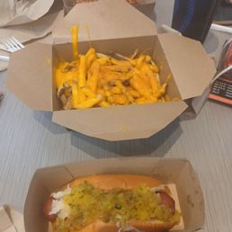 Hot dog with relish and Sour Kraut plus fries with cheese Combo and soda. Hot dog with relish and Sour Kraut plus fries with cheese Combo and soda.