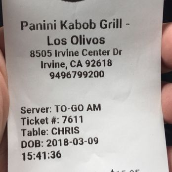 Panini Kabob Grill - Receipt showing we ordered SALMON kabob while the server gave us CHICKEN kabob - Mediterranean Near Me - Irvine, California