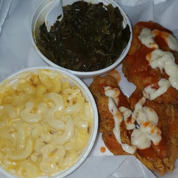 Kim's Wings - Perch dinner with greens and macaroni and cheese. - Barbeque Near Me - Cleveland, Ohio