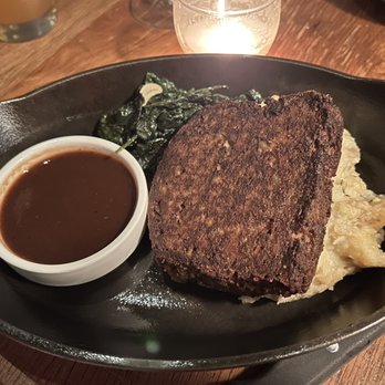 B Side - Bacon Meatloaf with Garlic Mashed and sautéed Spinach; steak sauce on the side vs drizzled on top (normal prep) - New American Near Me - Fairfax, Virginia