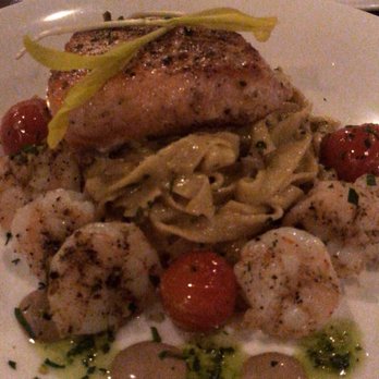 Cocha - Black garlic fettuccine with shrimps and salmon - New American Near Me - Baton Rouge, Louisiana Cocha - Black garlic fettuccine with shrimps and salmon - New American Near Me - Baton Rouge, Louisiana