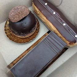 Éclair de Lune - Opera (bottom), Dark Chocolate dome (left) Boston Cream Eclair (right)