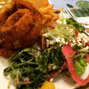 Bareburger - Montclair - Fries, rings, salad and guacamole spread (I believe regularly all purchased separately) - Burgers Near Me - Montclair, New Jersey