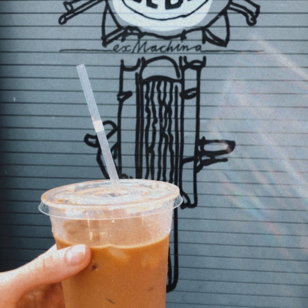 Deus Ex Machina - Iced latte with oat milk and vanilla syrup x2 which is over $14 - Men's Clothing Near Me - Venice, California