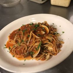 Clams red in a wine marinara sauce. Yummy!!!