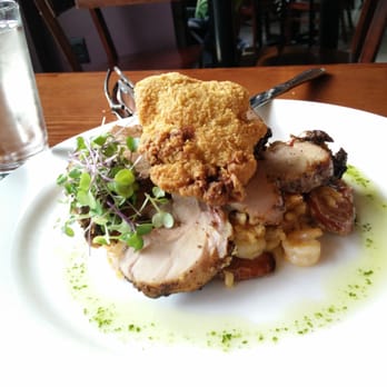 Two Rivers Brewing - Jambalaya Risotto, actual jambalaya hidden beneath the fried oyster and grilled chicken. - Breweries Near Me - Easton, Pennsylvania Two Rivers Brewing - Jambalaya Risotto, actual jambalaya hidden beneath the fried oyster and grilled chicken. - Breweries Near Me - Easton, Pennsylvania