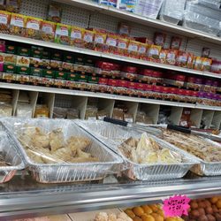 South Asian Super Market - Sweets Case, top: from Left to Right: Seekh Kebab, Samosa (baked, not fried), Chicken Patties, Namak Para, Jaleebi.