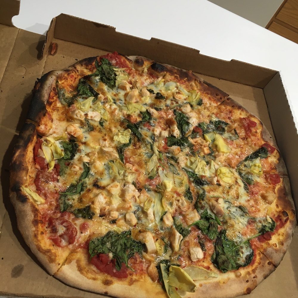 Goodman's American Pie - 16" w/chicken, artichoke, spinach, and habanero cheddar. - Pizza Near Me - Ludlow, Vermont Goodman's American Pie - 16" w/chicken, artichoke, spinach, and habanero cheddar. - Pizza Near Me - Ludlow, Vermont