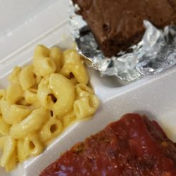 The Meene Beene - Today's lunch special meatloaf, mac and cheese, brownie, and a sweet tea for $8 so delicious!