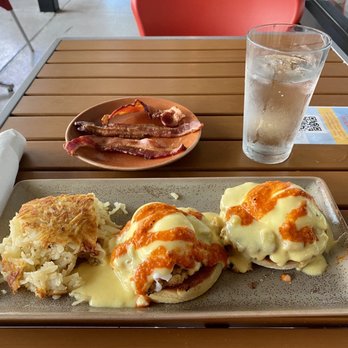 Early Bird Blackstone District - This is the Crab Cake Benny with a side of bacon. - Breakfast & Brunch Near Me - Omaha, Nebraska Early Bird Blackstone District - This is the Crab Cake Benny with a side of bacon. - Breakfast & Brunch Near Me - Omaha, Nebraska