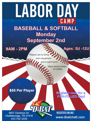 Camps and Clinics - At D-BAT Chattanooga we host more than 50 Camps, Clinics & Classes each year providing a great opportunity for players to improve while having fun at the same time! Our Spring/Holiday Break and Summer Camps are very popular with parents who are looking for something constructive to keep their ballplayers busy when school is out. Our specialty clinics — typically focused on one aspect of the game — give athletes a chance to fine-tune established skills or work on problem areas. For the latest information on our camps and clinics see our camp fliers below.