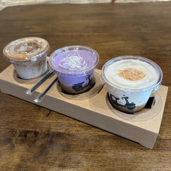 Saigonesso - Iced coffee flight: creamy coffee, Ube, coconut cream. - Coffee & Tea Near Me - Portland, Oregon Saigonesso - Iced coffee flight: creamy coffee, Ube, coconut cream. - Coffee & Tea Near Me - Portland, Oregon