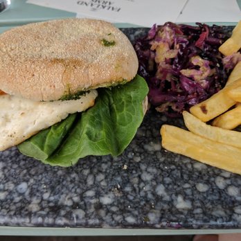 Falkland Arms - Halloumi burger with pesto, chips and slaw. - Pubs Near Me - Chipping Norton, OXF