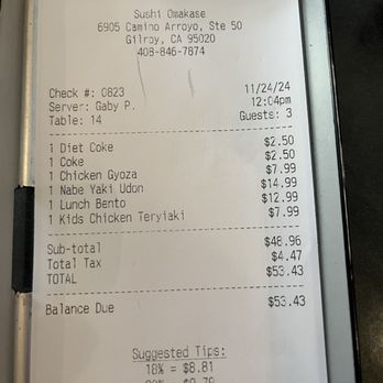 Sushi Omakase - Our receipt from today's lunch. The prices are very reasonable. - Sushi Bars Near Me - Gilroy, California