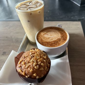 CoffeeTrend - White Chocolate Almond Latte (iced)  Honey Cinnamon Latte (hot) Banana Nut Muffin - Coffee & Tea Near Me - Houston, Texas