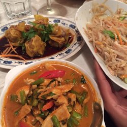 Penang chicken curry, chicken pad Thai and steamed Thai dumplings