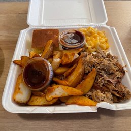 Pulled pork dinner with tator wedges and Mac and cheese