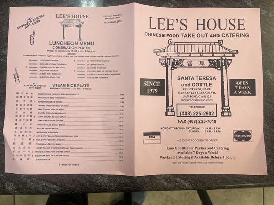 Menu photo 1 Lee's House Chinese Takeout San Jose, CA