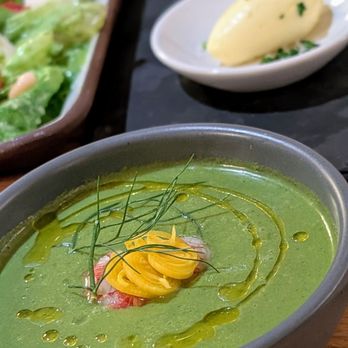 Deckman’s North At 3131 - Chilled cucumber soup with shrimp and saffron, served at Sunday Supper - very unique! - New American Near Me - San Diego, California