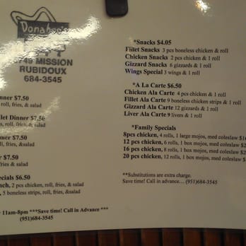 Donahoo's Golden Chicken - The menu! - Southern Near Me - Riverside, California