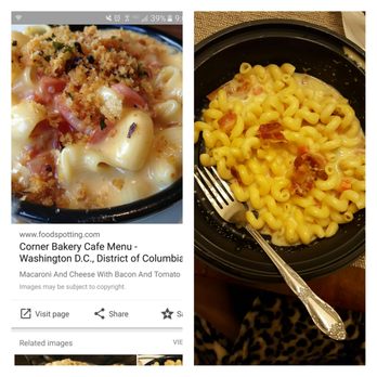 Corner Bakery Cafe - What I thought I was going to get vs. What I actually received (Mac n cheese with bacon) - Cafes Near Me - Fresno, California