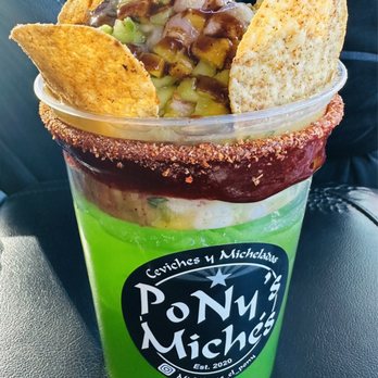 Ponys Miches - Mango Ceviche with a drink under it so delicious - Tacos Near Me - Goodyear, Arizona