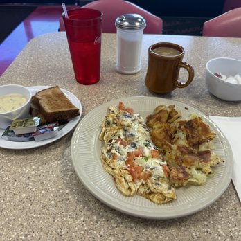 Vickies Diner - Egg white veggie omelette with sausage, hash browns, wheat toast with sausage gravy, and coffee. - Breakfast & Brunch Near Me - Las Vegas, Nevada Vickies Diner - Egg white veggie omelette with sausage, hash browns, wheat toast with sausage gravy, and coffee. - Breakfast & Brunch Near Me - Las Vegas, Nevada