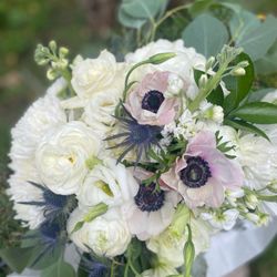 Sunfresh Flowers - Anemones, blue thistle,Lisianthus, stock and foraged accents.