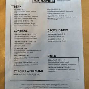Banshee - MENU as of MAY 2025 - New American Near Me - Atlanta, Georgia