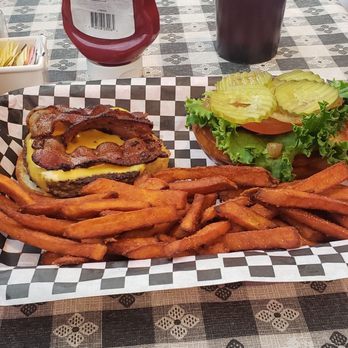 Brisket Burger - Bacon cheeseburger and sweet potato fries - Burgers Near Me - Denton, Texas Brisket Burger - Bacon cheeseburger and sweet potato fries - Burgers Near Me - Denton, Texas