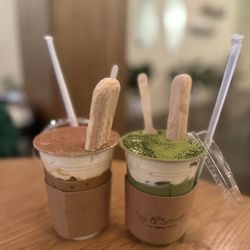 Sip & Savor - Left: Tiramisu Latte Right: Tiramisu Matcha Latte
