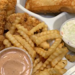 Fries coleslaw chicken and bread