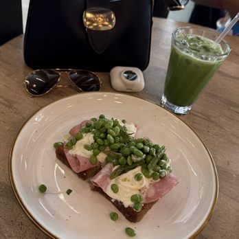 Libertino Cafe - Stacciatella & greens toast with mortadella added & matcha - Cafes Near Me - Miami, Florida