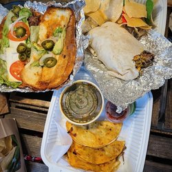 Maya Cuisine - Torta (left) Maya Burrito (right) Quesabirrias (bottom)