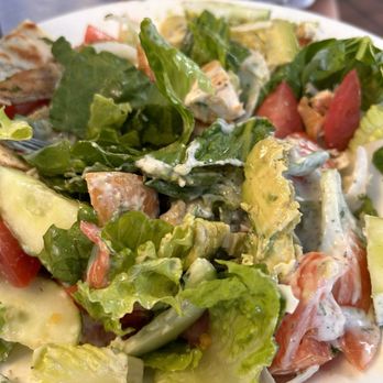 Eirinis Gyros and More - Chicken avocado salad (it was plated pretty but my daughter mixed it) - Greek Near Me - Corpus Christi, Texas Eirinis Gyros and More - Chicken avocado salad (it was plated pretty but my daughter mixed it) - Greek Near Me - Corpus Christi, Texas