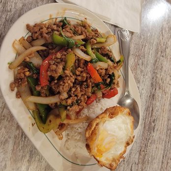 Thai Kitchen St. Charles - Spicy Basil (with pork) and added a fried egg "Thai style" - Thai Near Me - St Charles, Missouri Thai Kitchen St. Charles - Spicy Basil (with pork) and added a fried egg "Thai style" - Thai Near Me - St Charles, Missouri