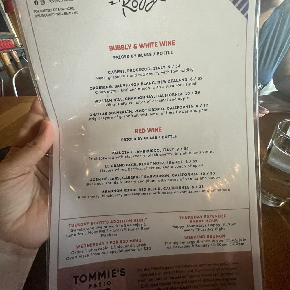 River City Roll - Wine menu - Bowling Near Me - Richmond, Virginia River City Roll - Wine menu - Bowling Near Me - Richmond, Virginia