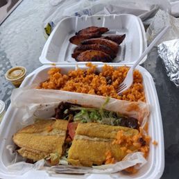 Steak Jibarito, Arroz con Gandules, Platano Maduro