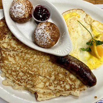 Valhalla Restaurant - Danish sampler plate, danish pancake, aebleskivers (pancake balls), 2 eggs & danish sausage - Breakfast & Brunch Near Me - Visalia, California Valhalla Restaurant - Danish sampler plate, danish pancake, aebleskivers (pancake balls), 2 eggs & danish sausage - Breakfast & Brunch Near Me - Visalia, California