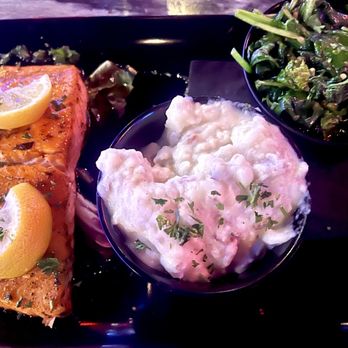 Fin & Feathers - Honey bourbon salmon, whipped red potatoes, & spinach - Soul Food Near Me - Douglasville, Georgia