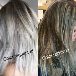 Asked for an ashy blonde, but got orange/green/blue. Worst color service